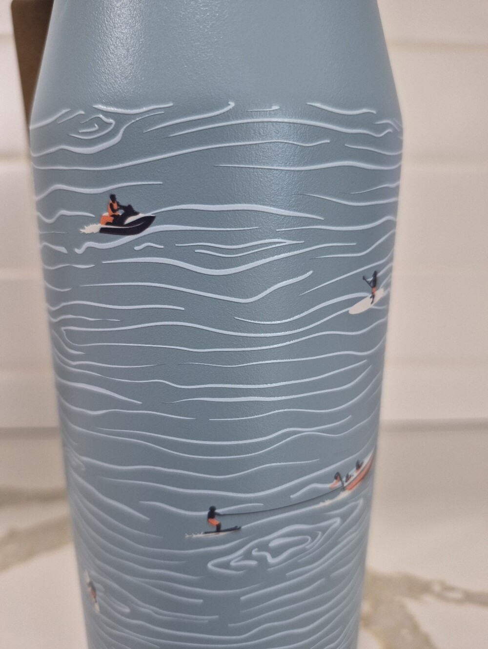 Life Is Good Tidal Blue Water Bottle with Water Sports In Action. - Picture 3 of 3